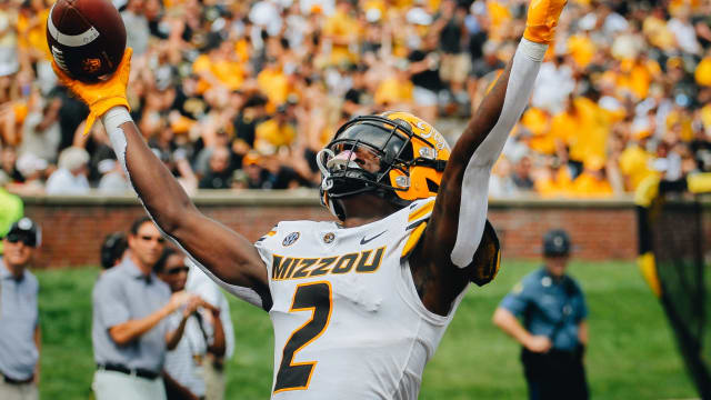 Missouri cornerback Ennis Rakestraw (2) celebrates after his first-career interception during the Tigers' 34-17 win over Abilene Christian on Sept. 17, 2022
